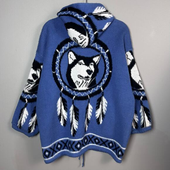Yari Artesanias Sweater Jacket Large Wolf Nature wool Ecuador Blue‎ Hoodie VTG - Picture 3 of 14